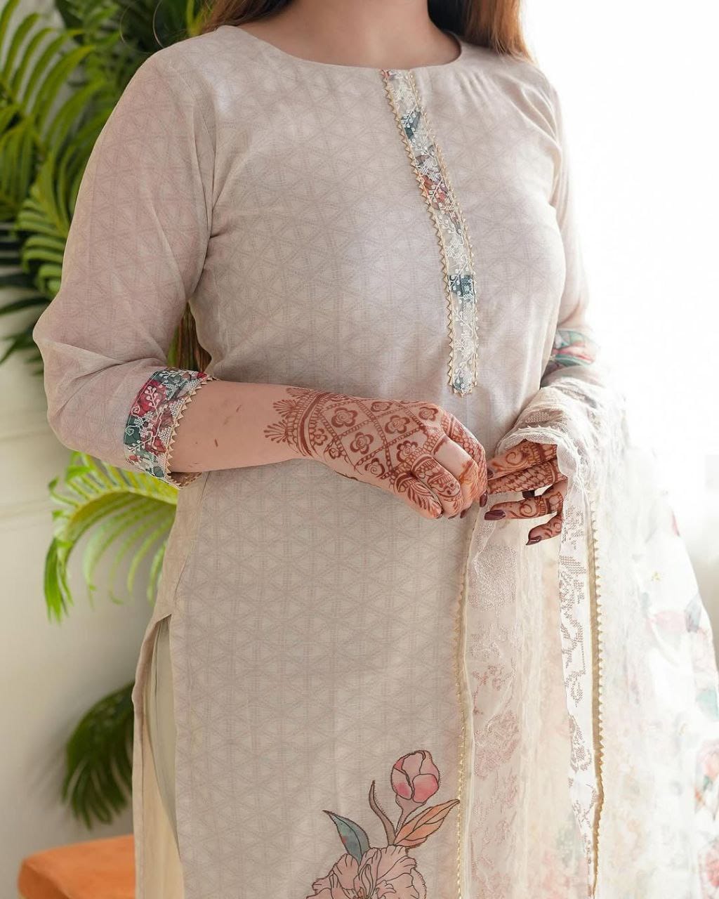 Premium Beige Floral Embroidered Ethnic Suit Set