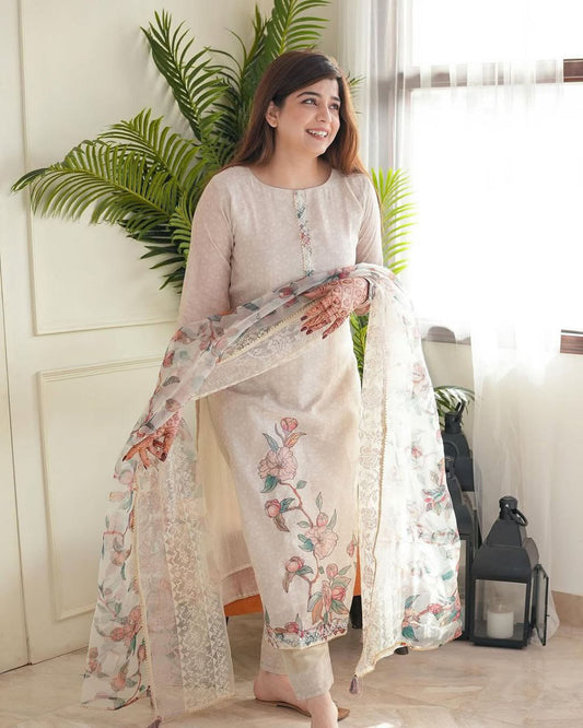 Premium Beige Floral Embroidered Ethnic Suit Set