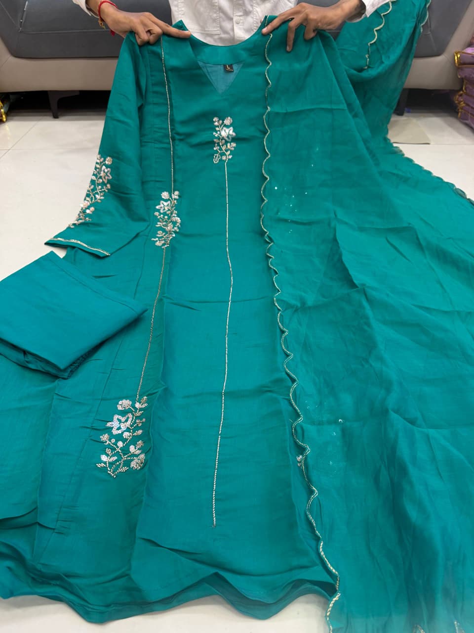Elegant Teal Green Floral Embroidered Anarkali Suit Set