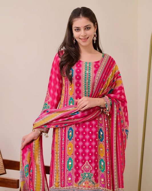 Charming Rani Pink Printed Kurta Pant Dupatta Set