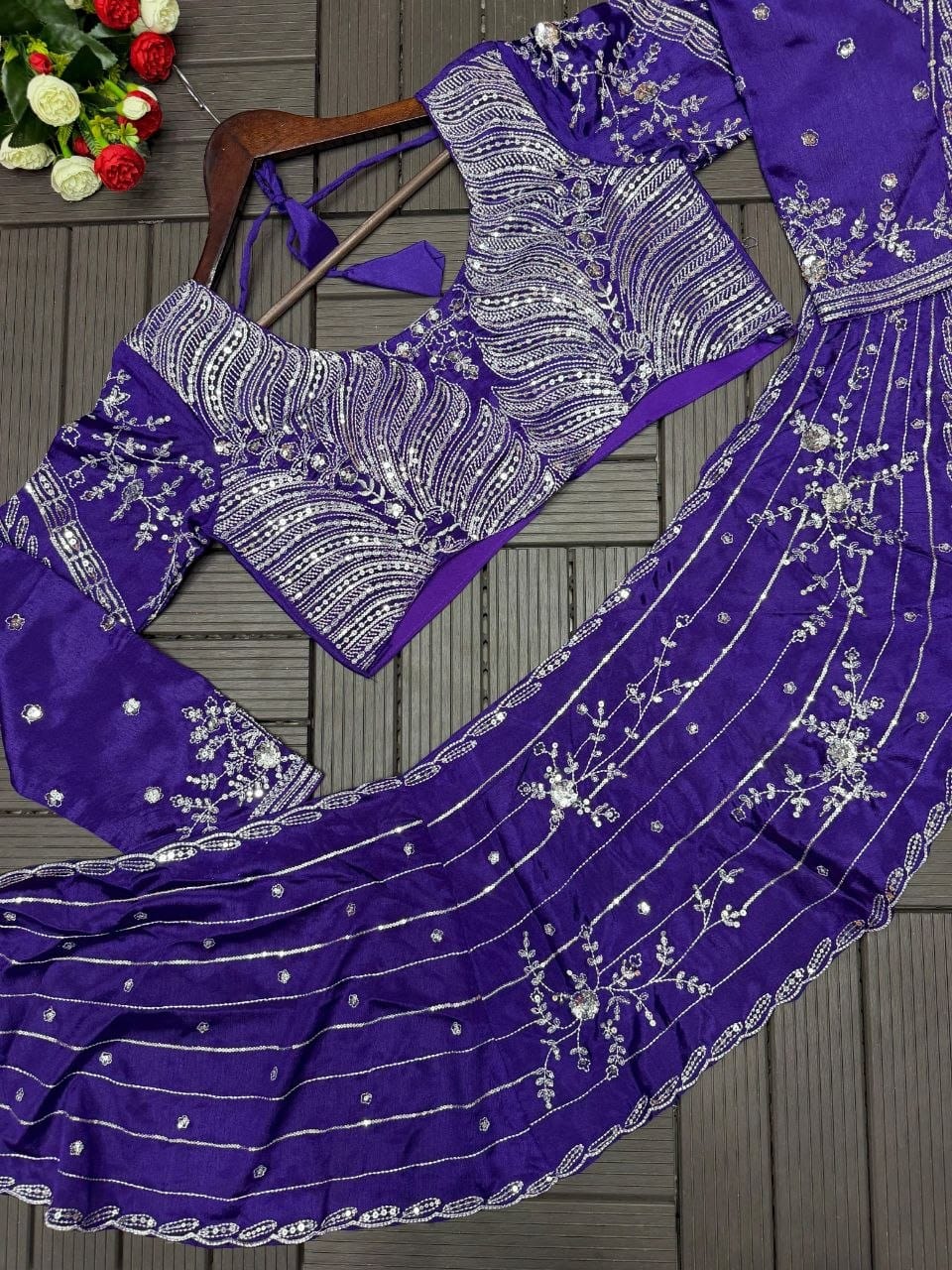 Royal Purple Ready-to-Wear Lehenga Saree with Embroidered Blouse & Drape