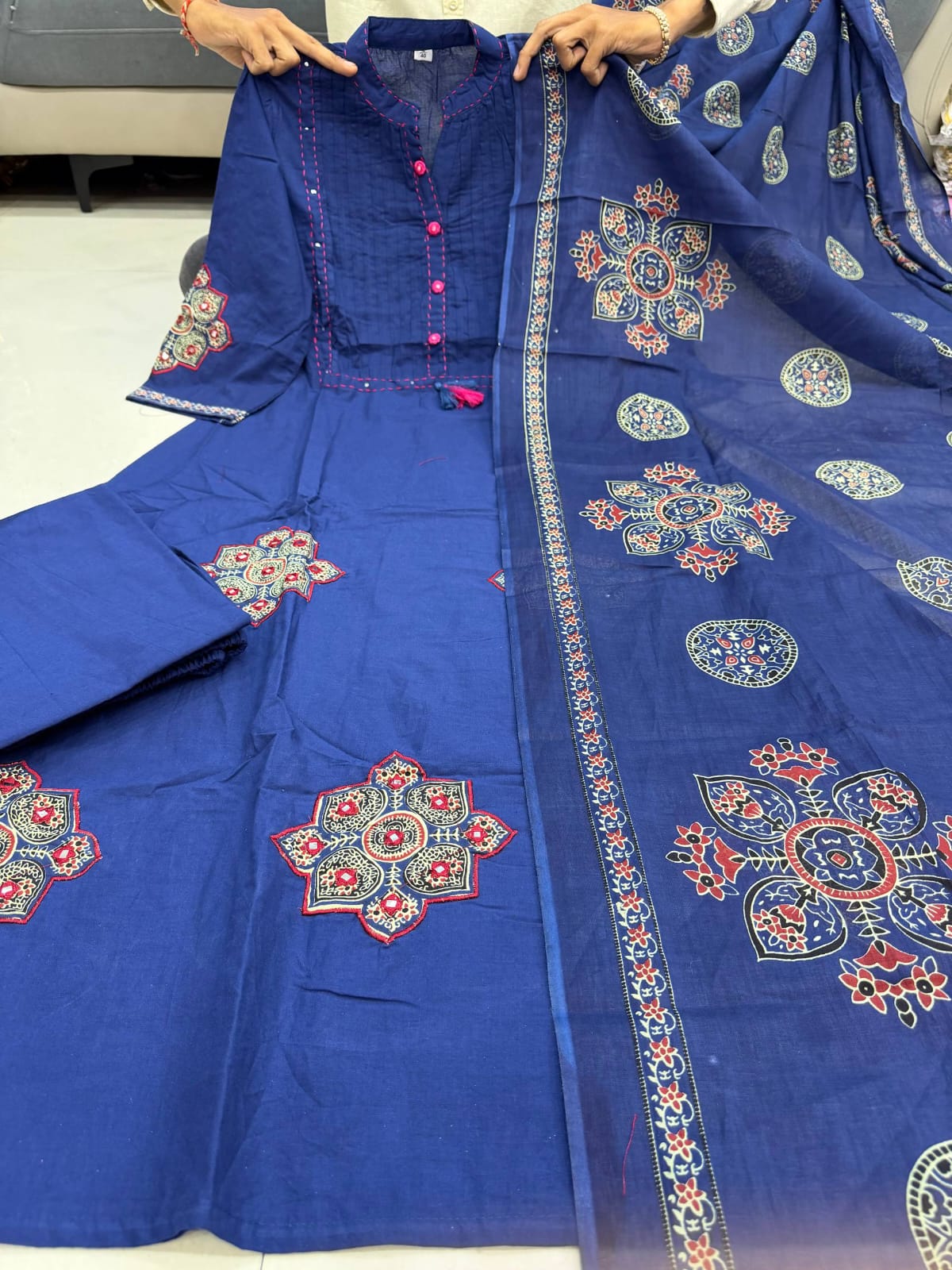 Radiant Navy Blue Pure Cotton Printed Kurta Pant & Dupatta Set for Women