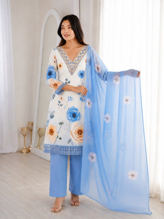 Elegant Soft Cotton Chiffon Designer 3 Piece Suit Set