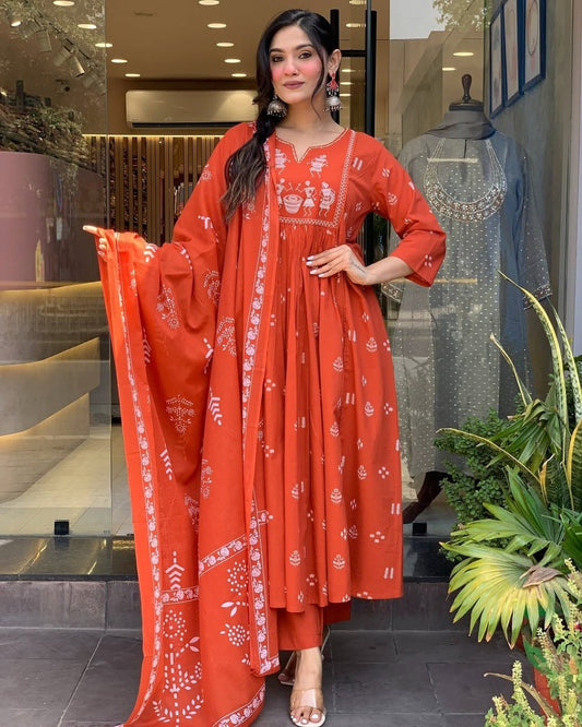 Rust Orange Printed Flared Kurta Suit Set