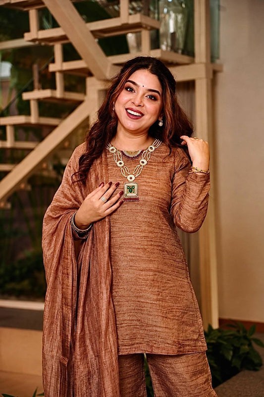 Mocha Grace Textured Palazzo Suit Set