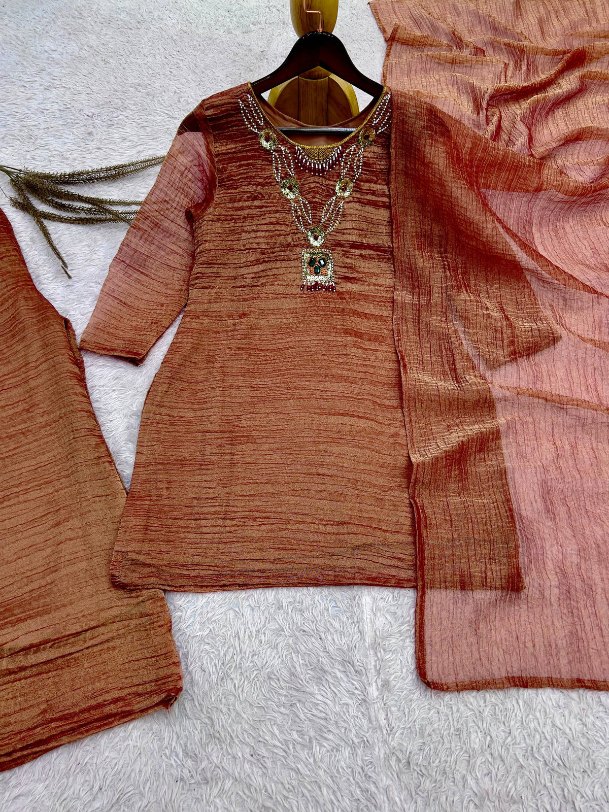 Mocha Grace Textured Palazzo Suit Set