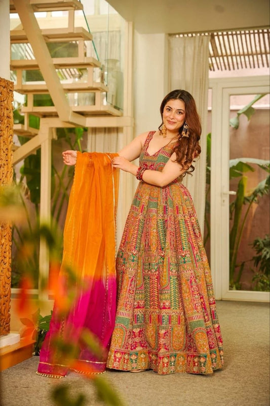 Magnificent Multicolor Chinon Silk Designer Anarkali Gown Set with Heavy Digital Print