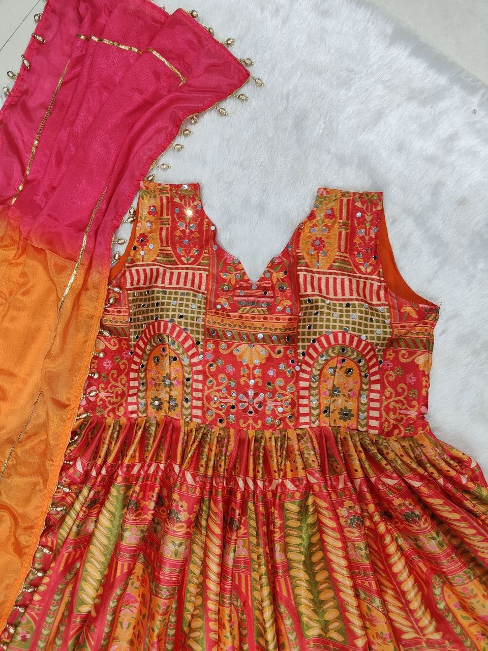 Magnificent Multicolor Chinon Silk Designer Anarkali Gown Set with Heavy Digital Print