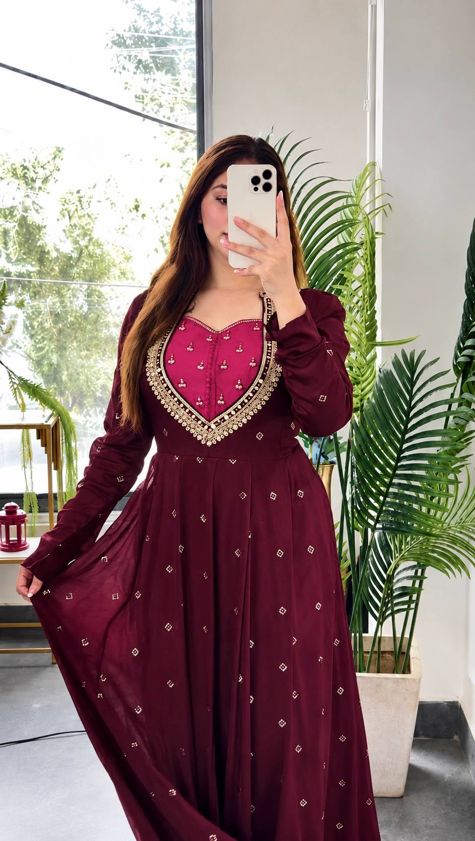 Lovely Wine Floral Dupatta Suit Set