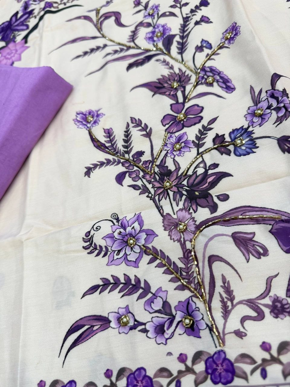 Radiant White & Lavender Floral Printed Cotton stitched Dress Material with Dupatta