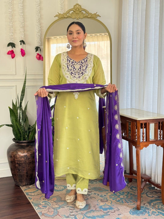 Lime Green Purple Embroidered Suit Set