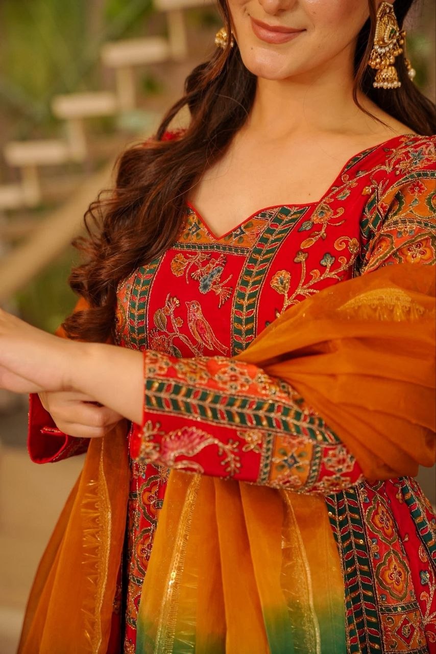 Royal Crimson Heritage Printed Anarkali Suit Set with Ombre Dupatta
