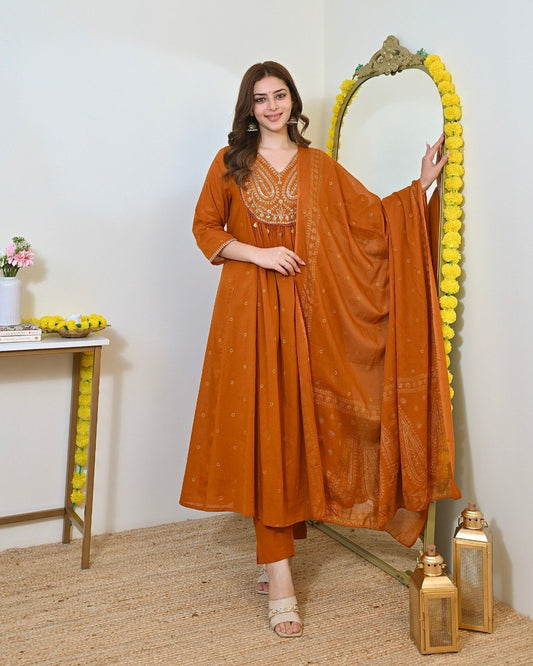 Rust Orange Embroidered Festive Anarkali Suit Set