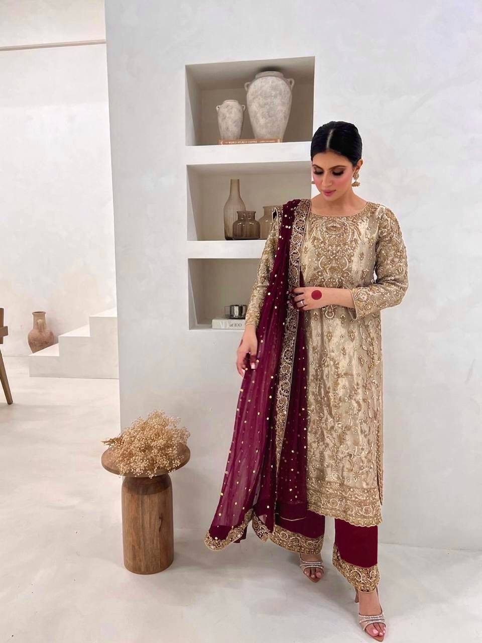 Graceful Beige Embroidered Festive Suit Set