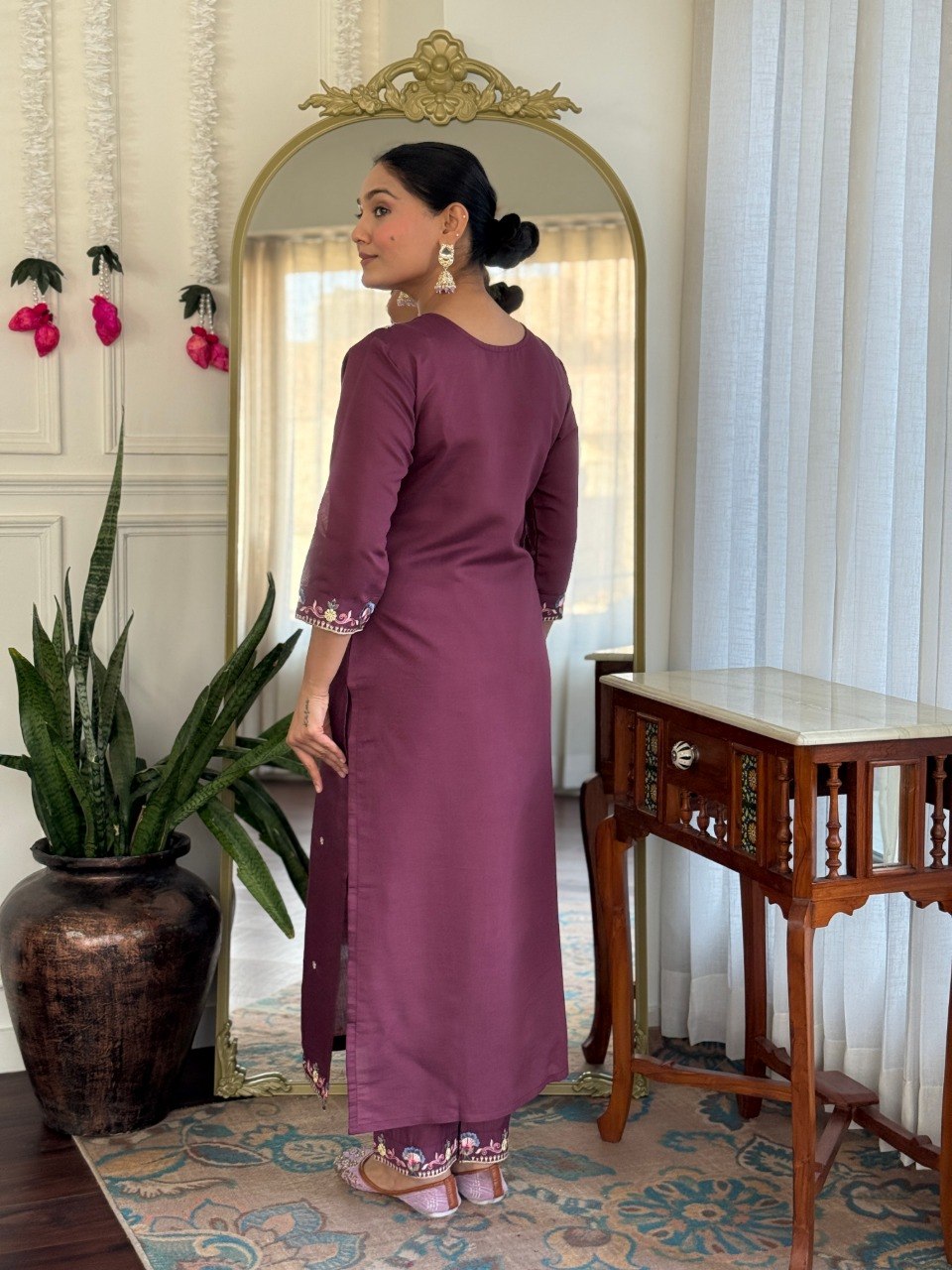 Plum Floral Embroidered Kurta Pant Suit Set