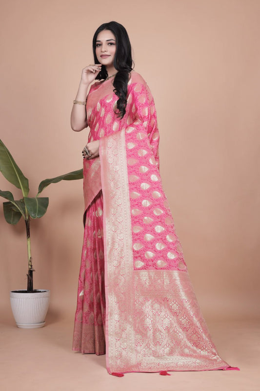 Gorgous Rani Pink Banarasi Silk Saree with All-Over Zari Butti & Rich Pallu