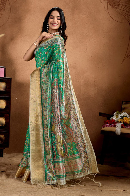 Attractive Green Soft Silk Blend Saree with Paisley & Floral Zari Weave