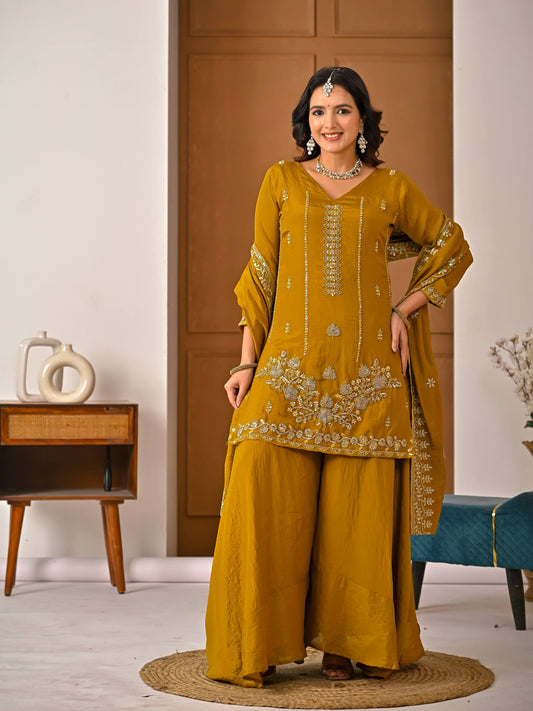 Beautiful Mustard Vichitra Silk Kurta Palazzo Set,