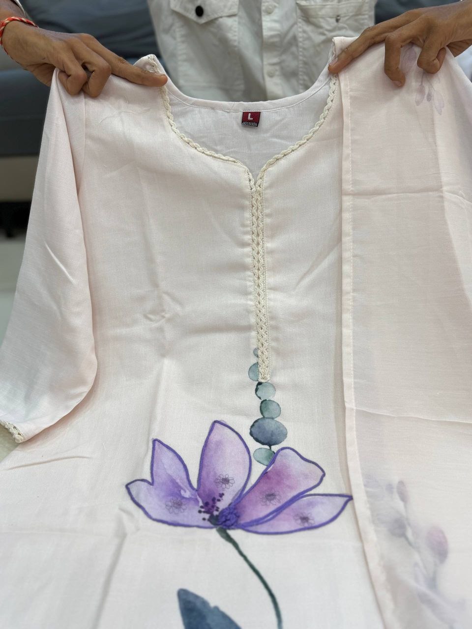 White Floral Printed Cotton Kurta Palazzo Set with Organza Dupatta