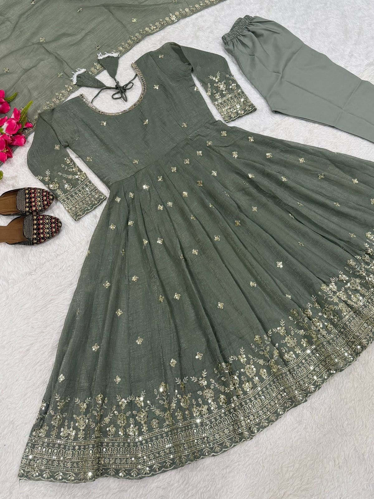 Elegant Sage Green Heavy Crunchy Silk Anarkali Suit Set