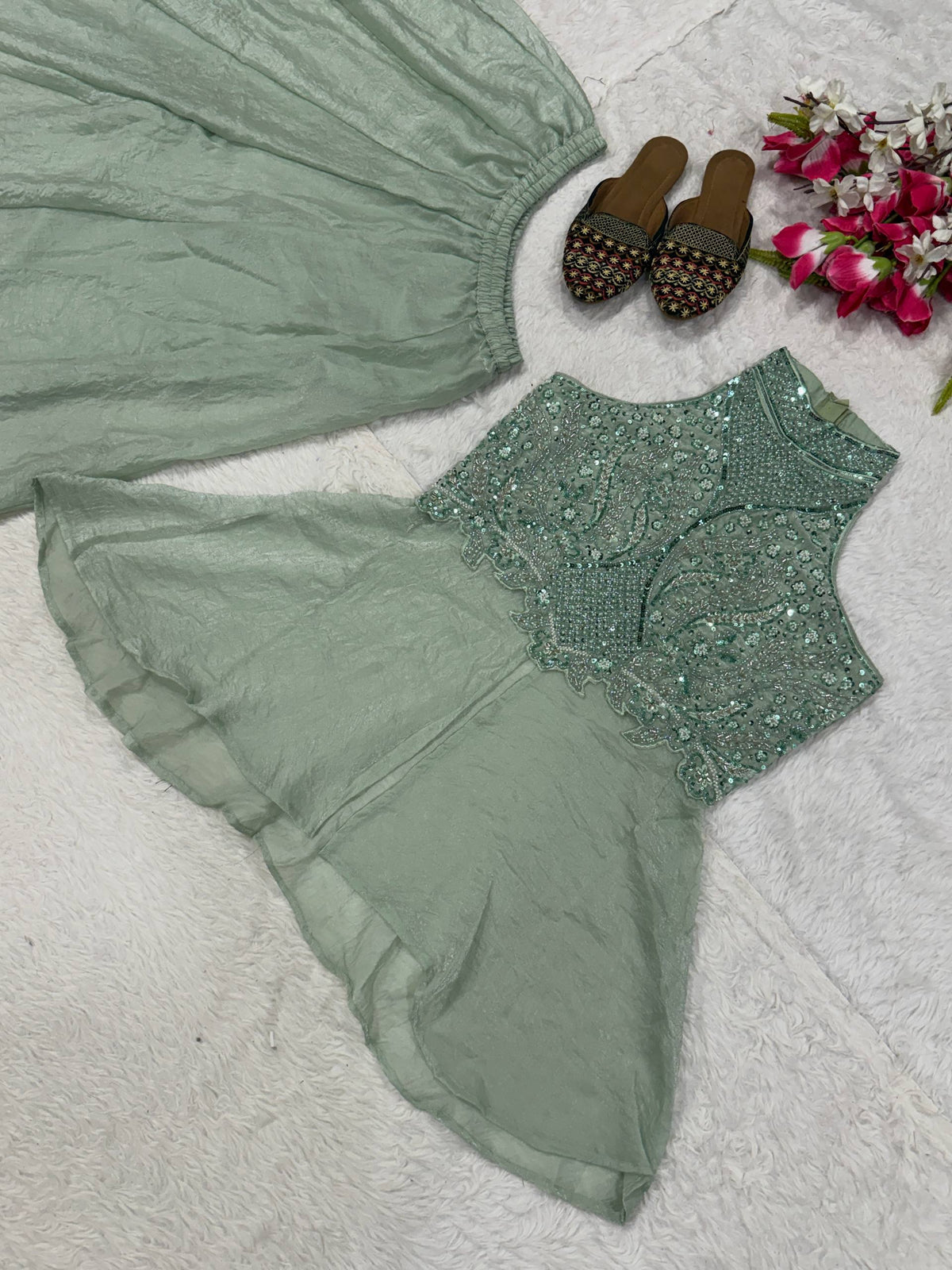 Glamorous Designer Sage Green Halter Neck Peplum Kurta with Palazzo Set