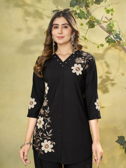 Elegant Black Floral Embroidered Co-Ord Set for Women