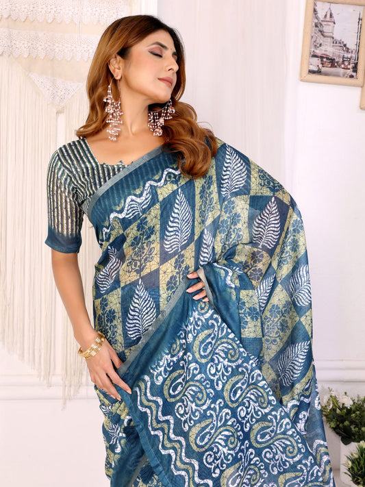 Designer Chanderi Saree with Leaf & Abstract Digital Print