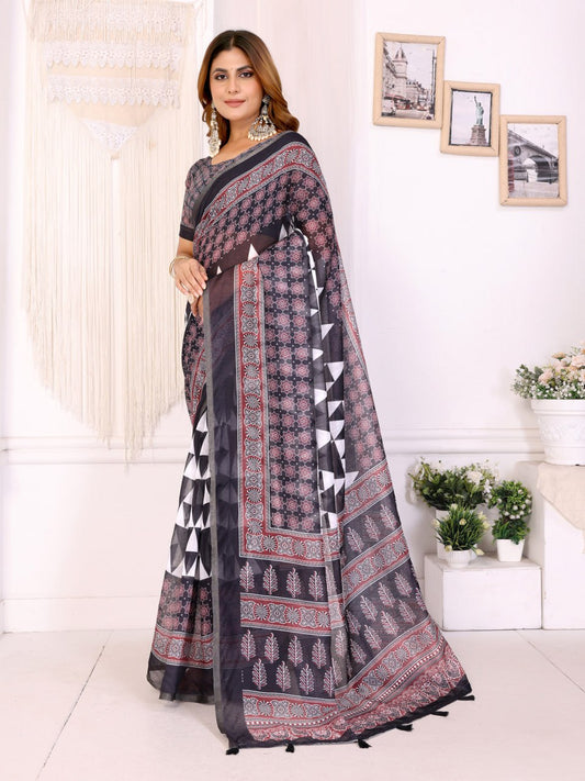 Magic Black & Maroon Geometric Printed Chanderi Saree