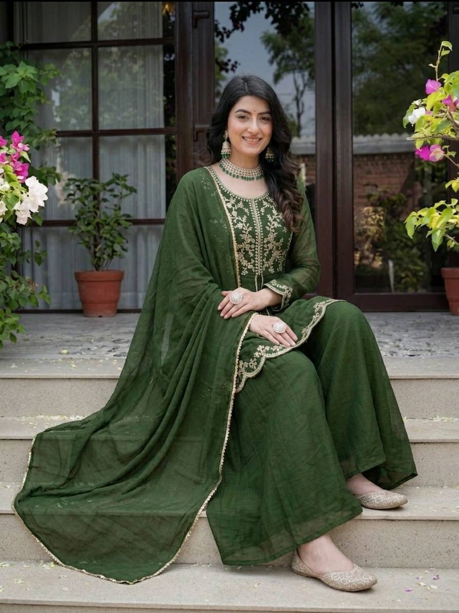Luxury Forest Green Heavy Crunchy Silk Kurta Palazzo Set,