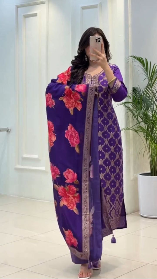 Beautiful Purple Banarasi Silk Woven Kurta Pant Set with Floral Printed Dupatta
