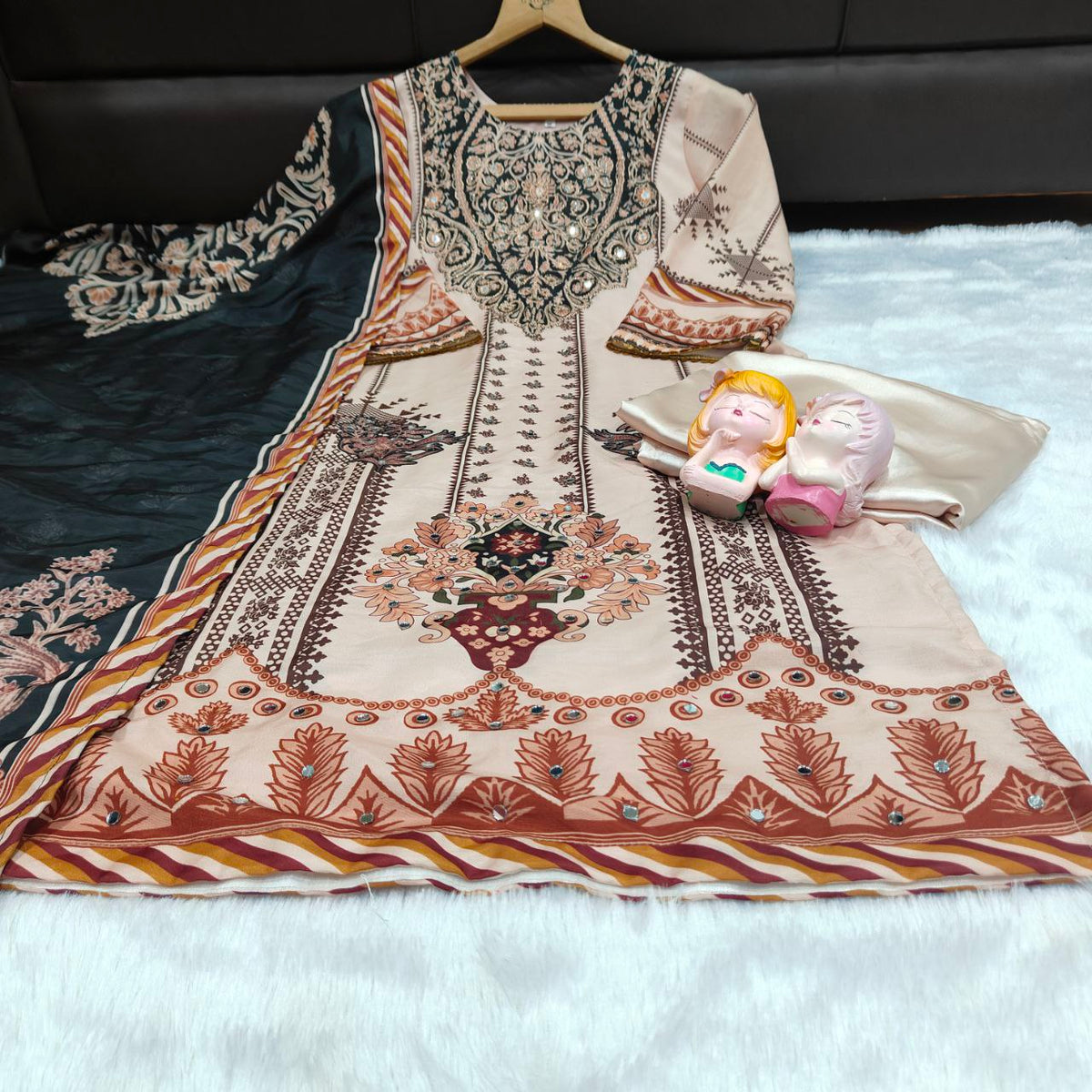 Trendy Beige & Black Printed stitched Salwar Suit with Designer Dupatta