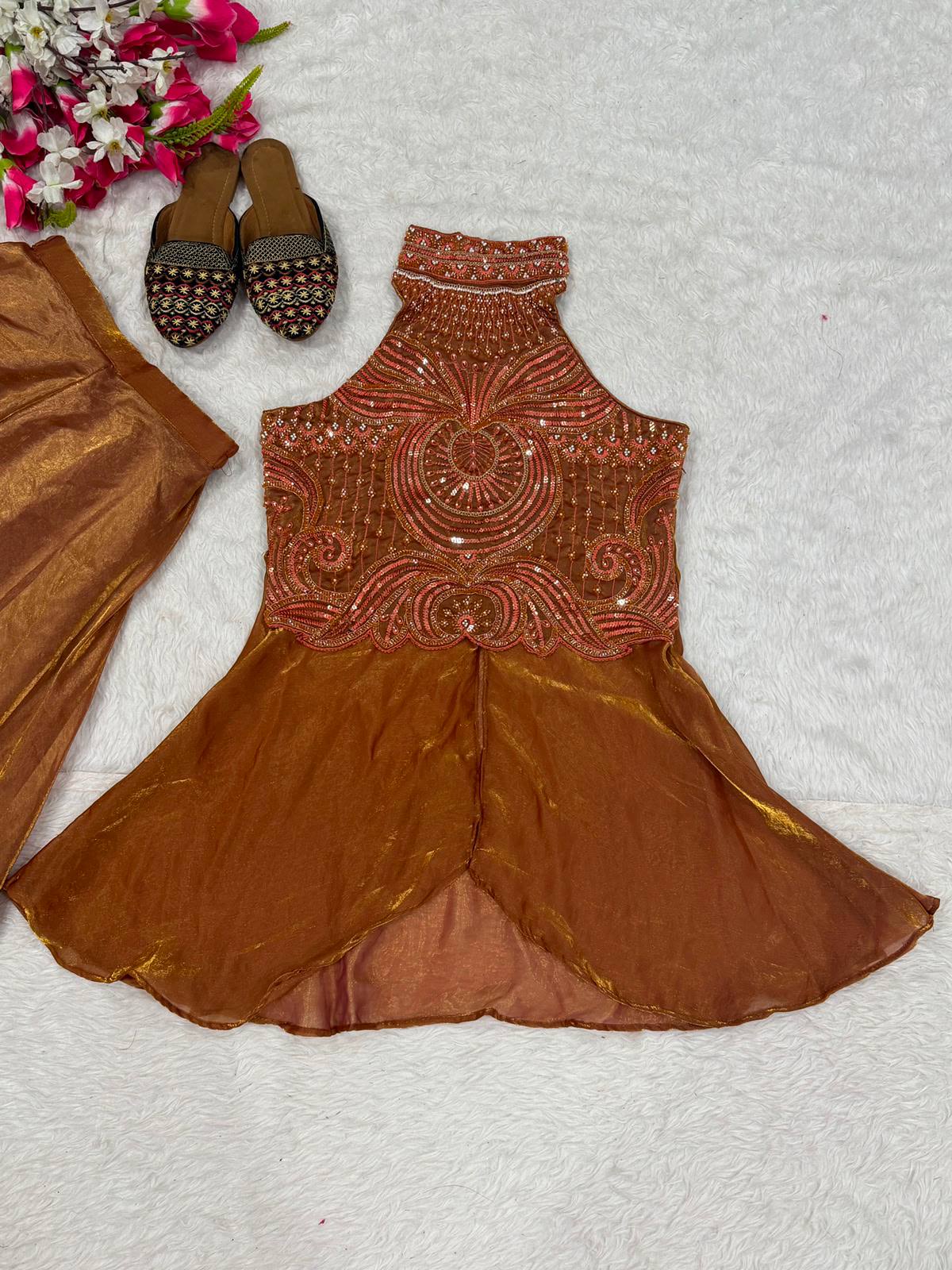 Designer Copper Brown Halter Neck Peplum Kurta with Palazzo Set