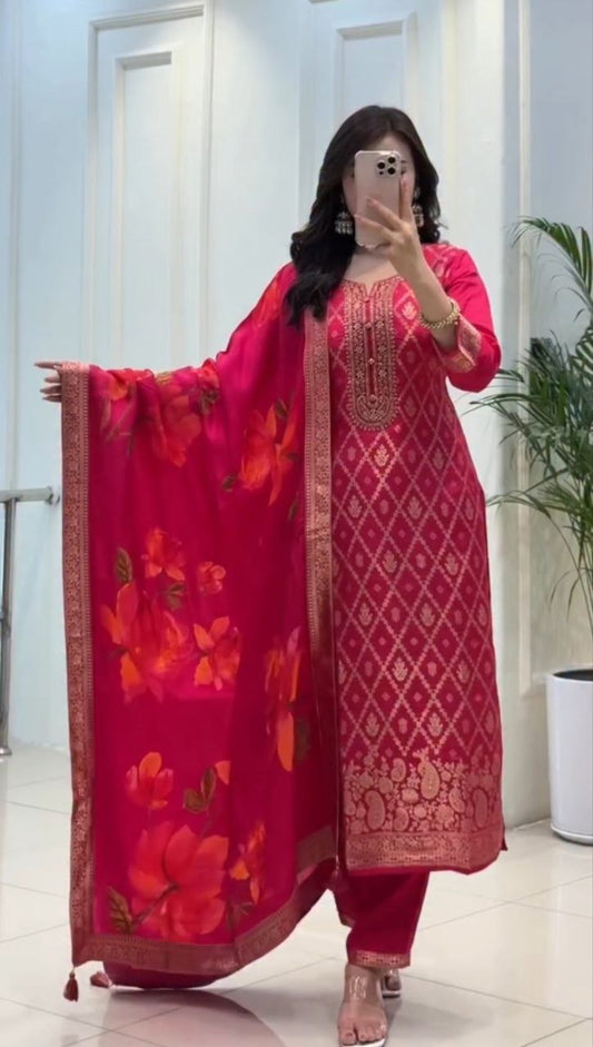 Traditional Rani Pink Banarasi Silk Woven Kurta Pant Set with Floral Printed Dupatta