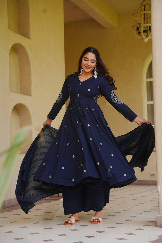 Graceful Navy Blue Anarkali Kurta with Palazzo and Dupatta Set