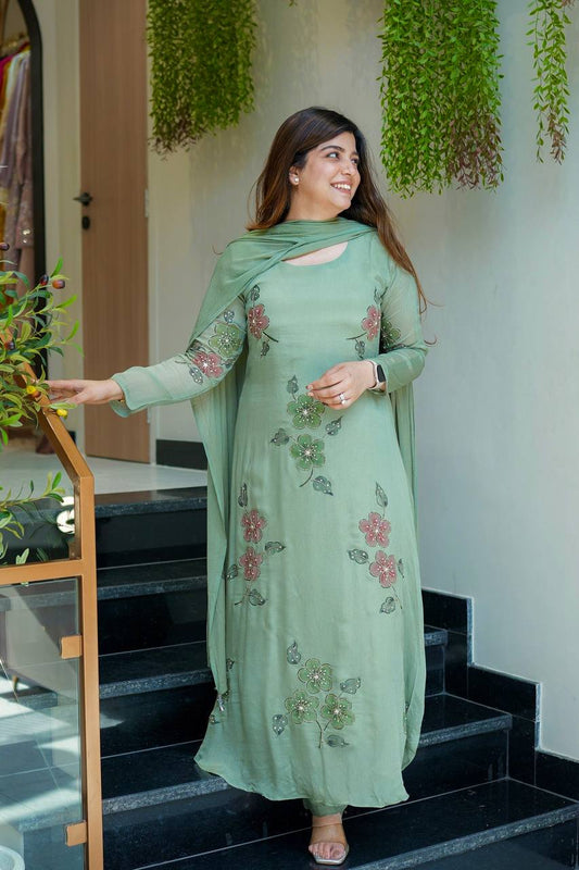 Fresh Sage Green Floral Embroidered Suit Set