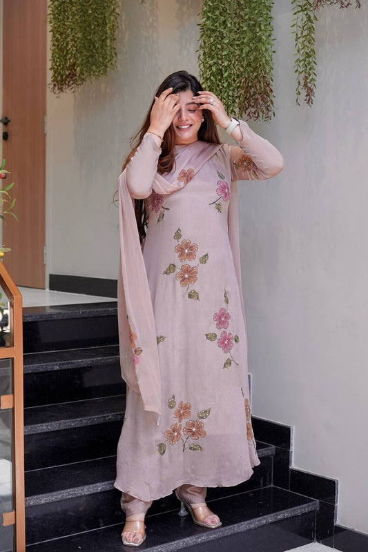 Pretty Dusty Pink Floral Embroidered Suit Set