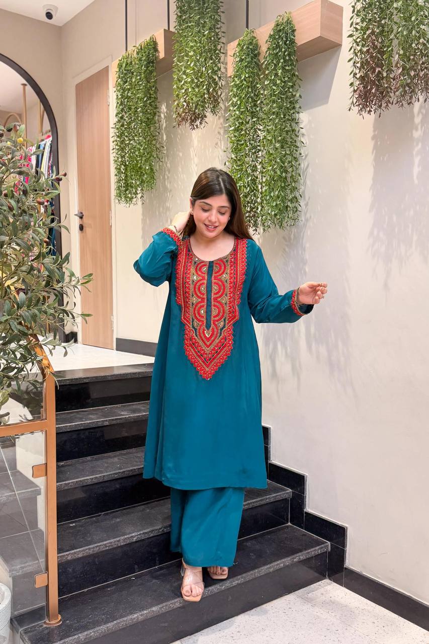 Teal Blue Embroidered Straight Kurta Palazzo Set