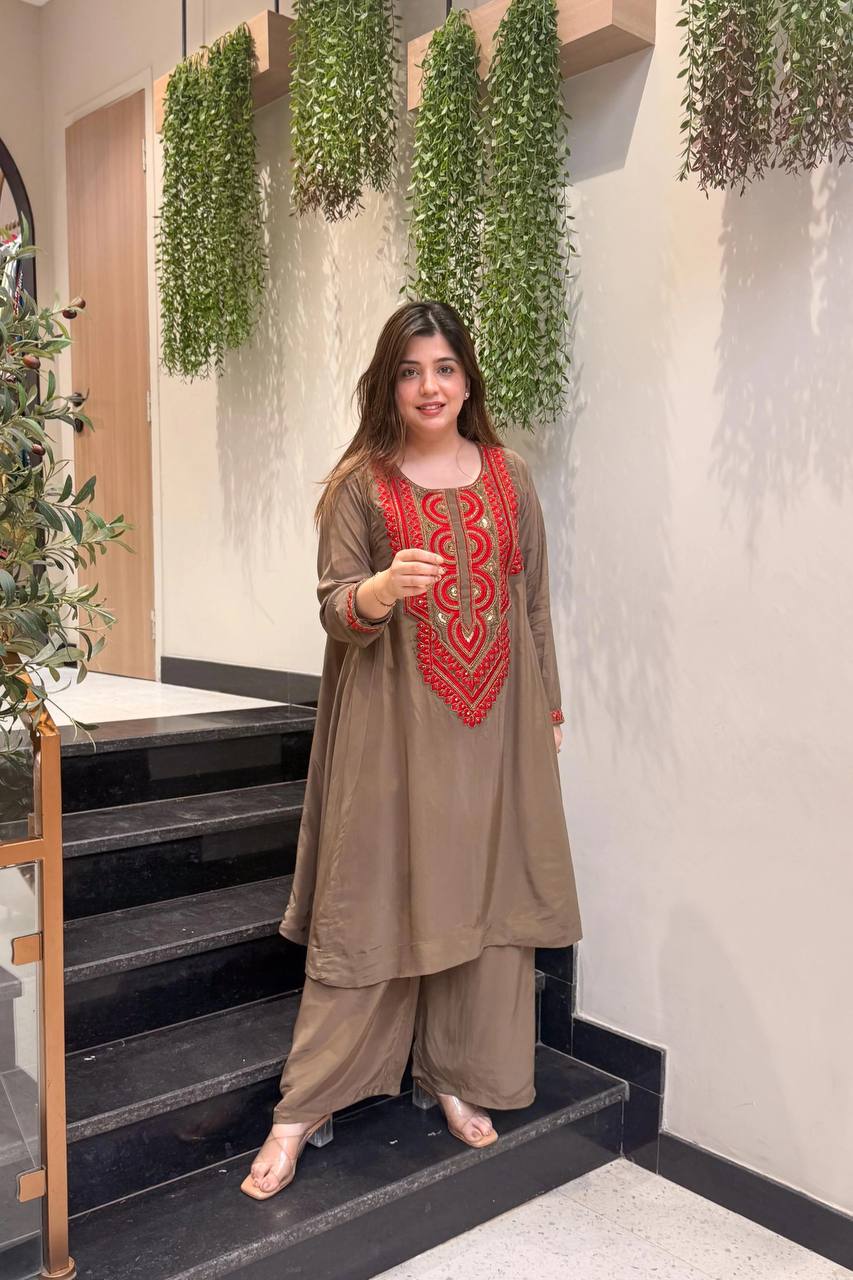 Mocha Brown Embroidered Straight Kurta Palazzo Set