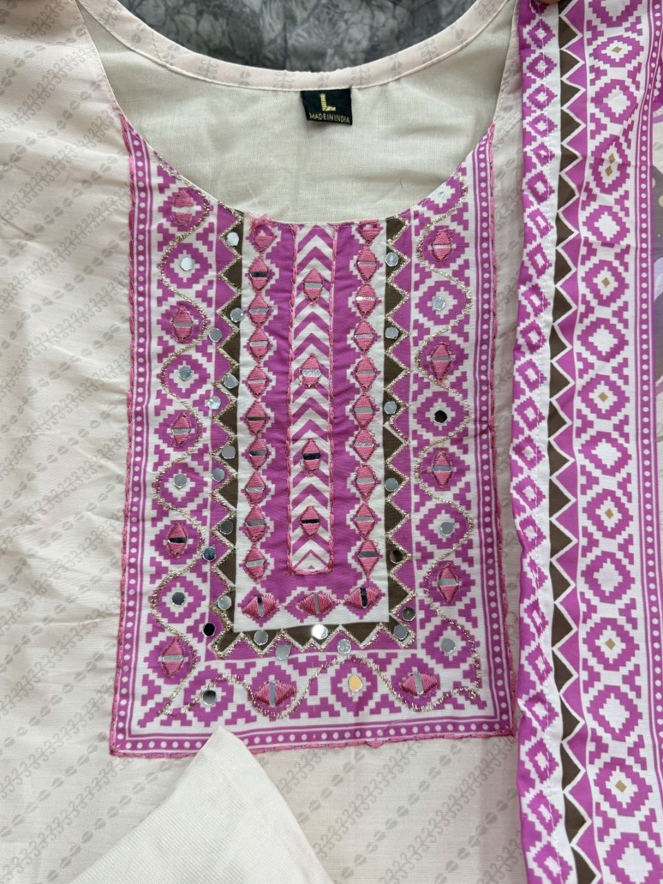 Graceful Cream & Lilac Floral Printed Cotton Stiched Dress Material with Dupatta