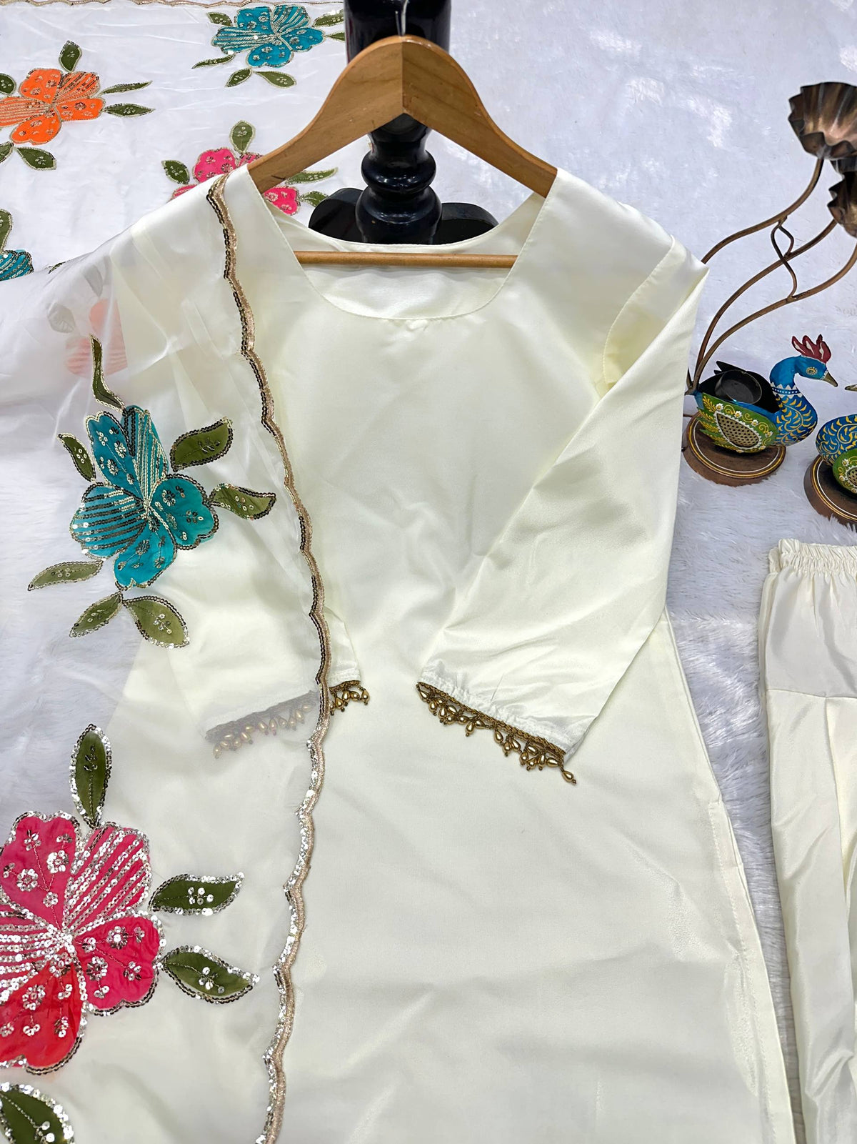 Ethereal Ivory Designer Suit Set in Heavy Pure Natural Crepe with Floral Embroidered Dupatta