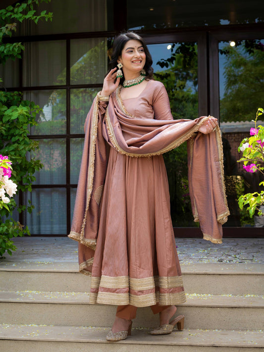 Beautiful Dusty Rose Gold Anarkali Suit Set with Matching Dupatta