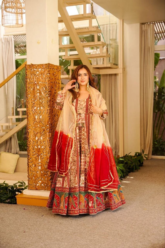 Royal Multicolor Chinon Silk Designer Anarkali Gown Set with Printed Dupatta