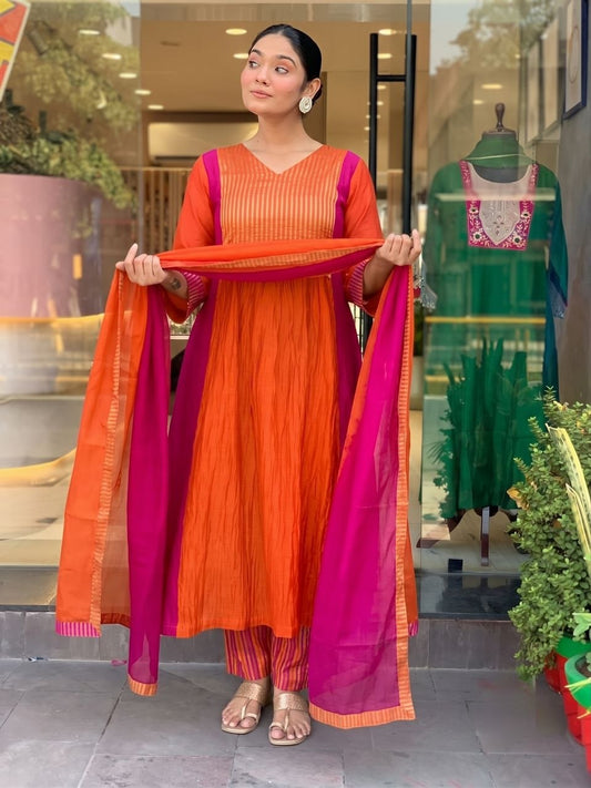 Radiant Orange & Rani Pink Striped Anarkali Suit Set