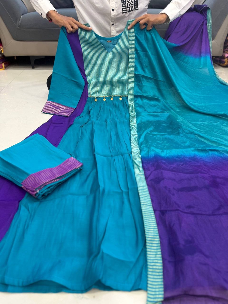 Charming Teal Blue & Royal Purple Striped Anarkali Suit Set