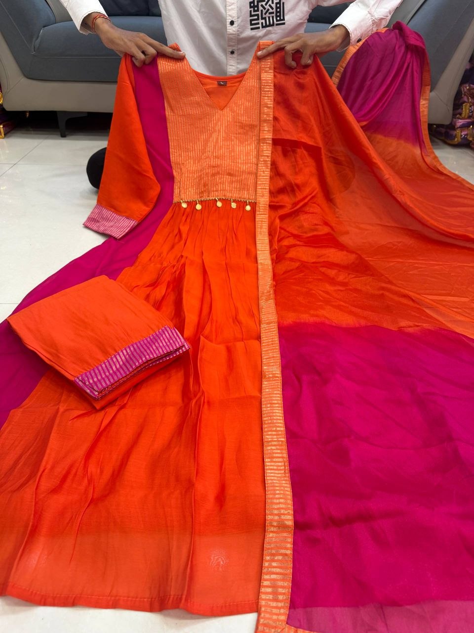 Radiant Orange & Rani Pink Striped Anarkali Suit Set