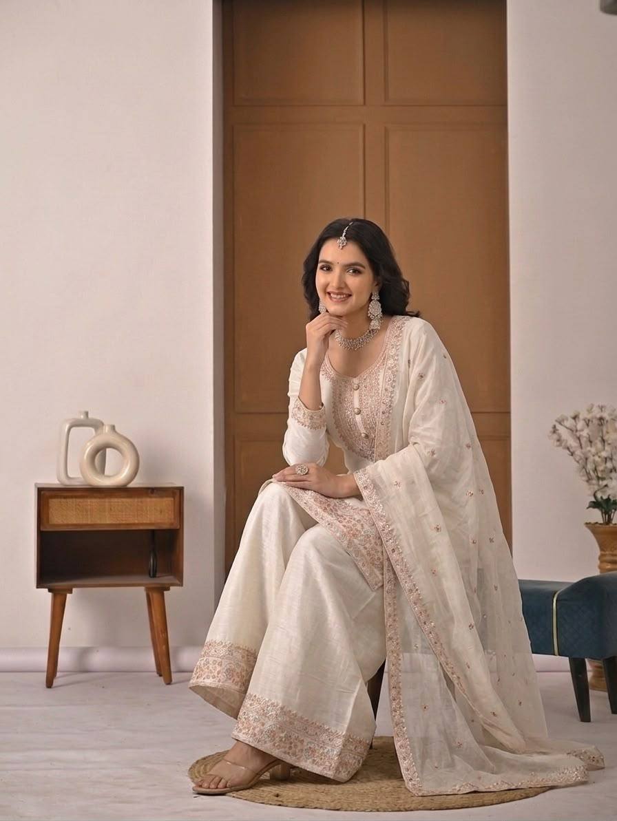 Ivory Heavy Crunchy Silk Designer Suit Set with Embroidered Dupatta