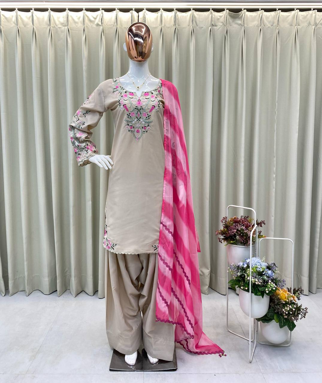 Radiant Beige Embroidered Suit with Pink Dupatta