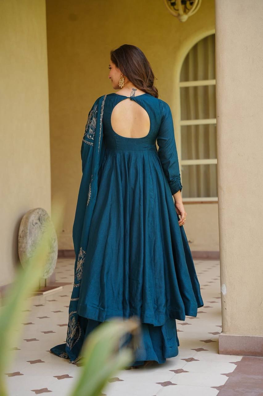 Trendy Teal Blue Embroidered Anarkali Suit Set with Designer Dupatta