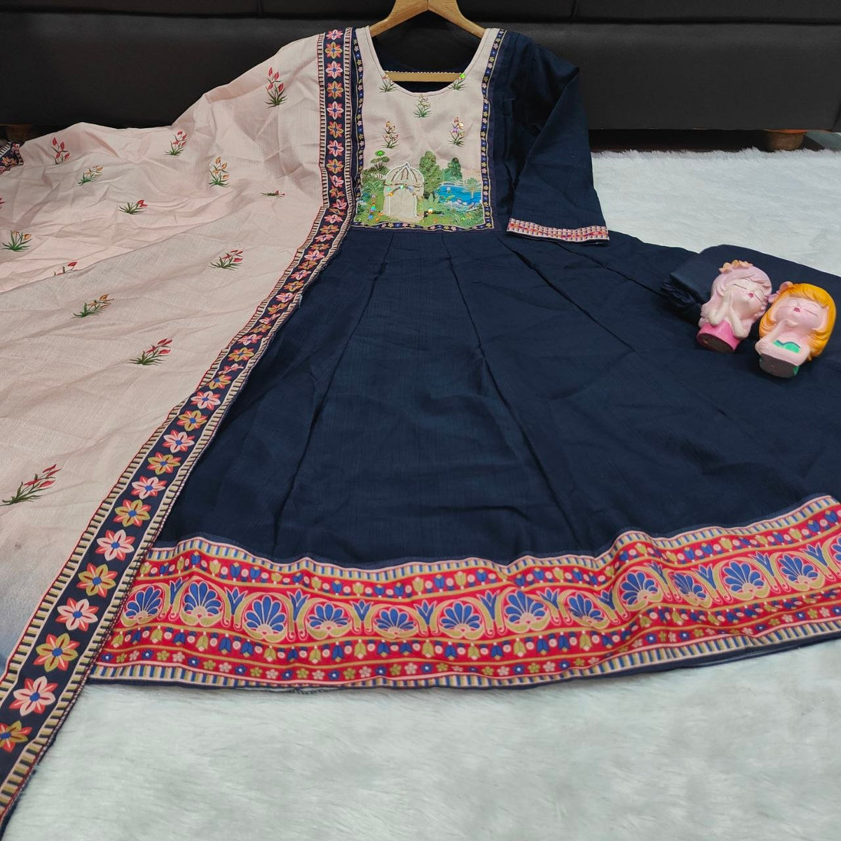 Elegant Navy Blue Embroidered Kurta Pant Set with Printed Dupatta for Women