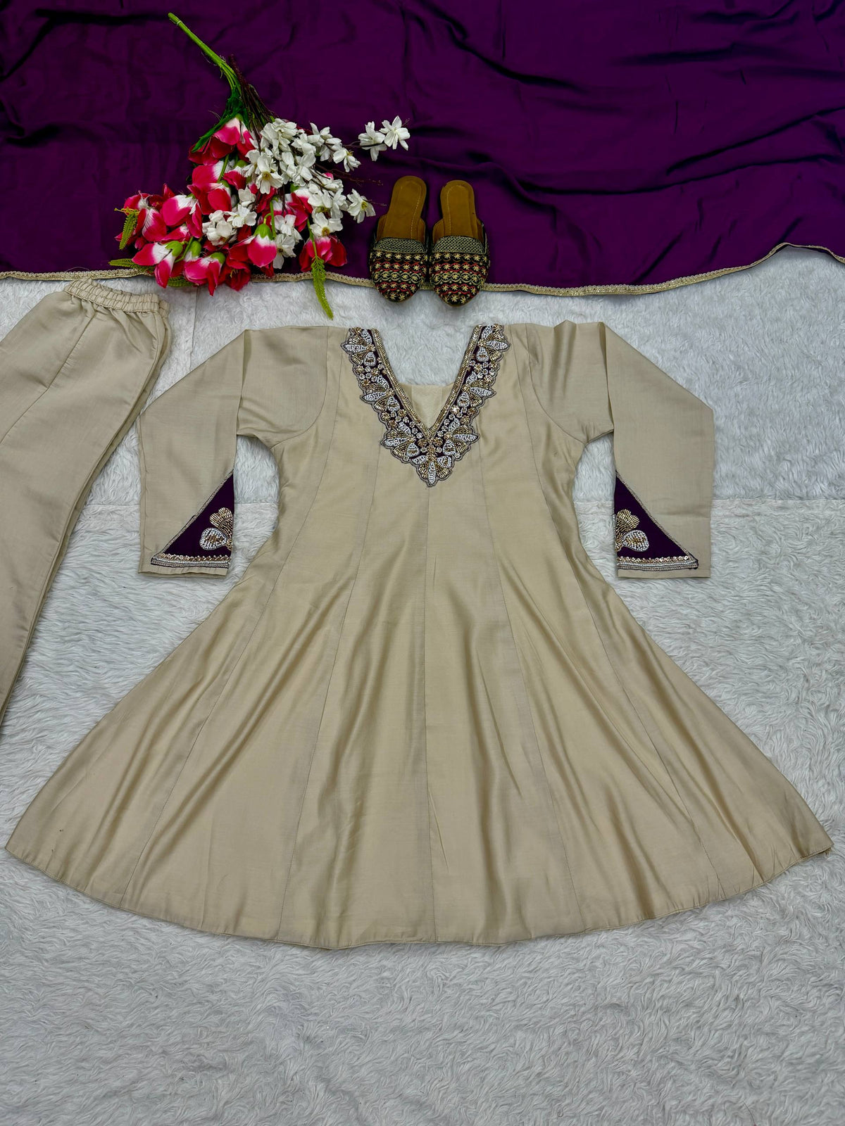 Elegant Beige Peplum Kurta with Palazzo and Deep Purple Dupatta Set